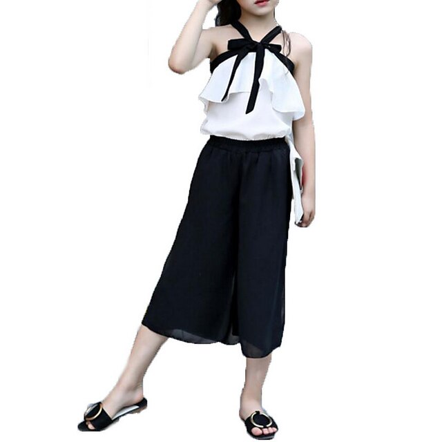  Dla dziewczynek 3D Jednokolorowe Kokarda Moda Komplet odzieży Bez rękawów Lato Szyfon Bawełna Dzieci