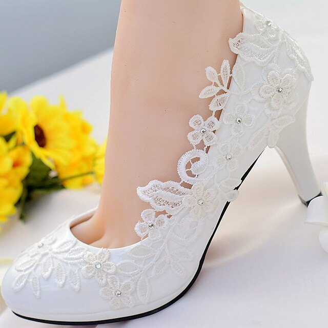  Women's Wedding Shoes Mesh Wedding Party & Evening Solid Colored Rhinestone Sparkling Glitter Stiletto Heel Round Toe Slingback Lace PU White