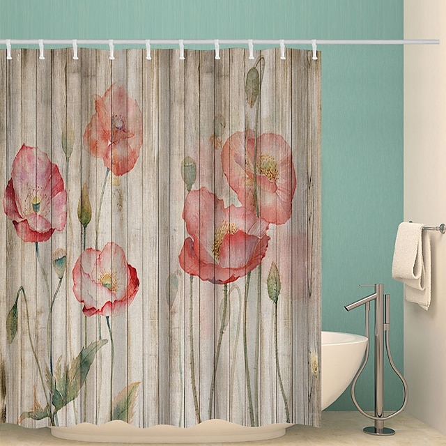  bad dusjforheng sett blomstermønster polyester materiale inkluderer vanntett badekar gardin og matter 4 stk