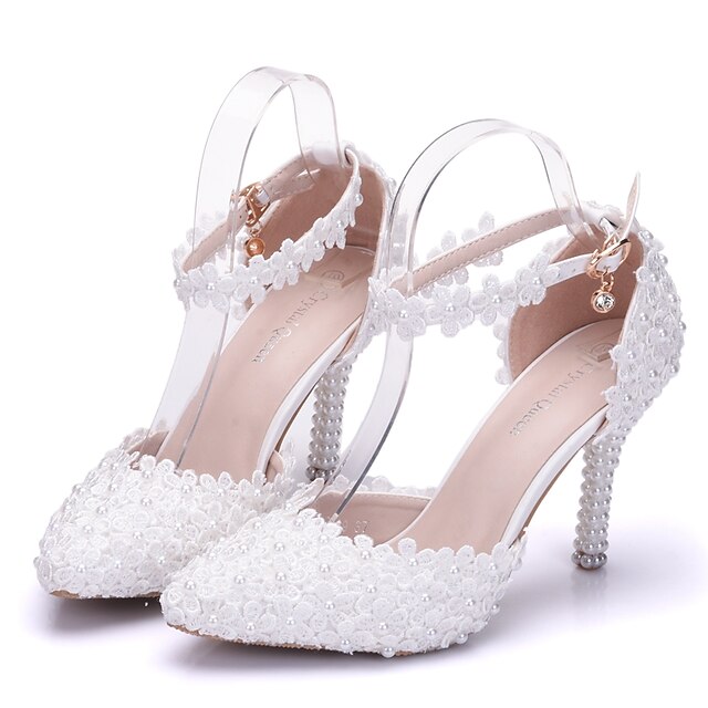  Women's Wedding Shoes Glitter Crystal Sequined Jeweled Ankle Strap Heels Wedding Heels Bridal Shoes Pearl Satin Flower Buckle Stiletto Heel Pointed Toe Comfort Novelty Wedding Party & Evening PU Fall