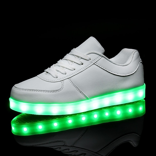  Homens Mulheres Tênis Sapatos LED Botas no joelho Tamanhos Grandes LED Sem Salto LED Conforto Tênis com LED Couro Ecológico Preto Branco