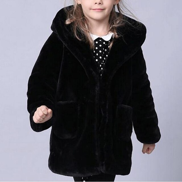  Kids Girls' Jacket & Coat Long Sleeve Black Solid Colored Faux Fur