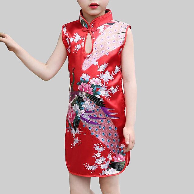  בנות ' ללא שרוולים פרחוני גרפיקה מודפסת תלת מימדית שמלות סגנון סיני פוליאסטר שמלה קיץ פעוטות יומי