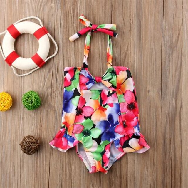  ملابس سباحة بدون كم بدون ظهر / شريطة / طباعة ورد مناسب للعطلات / شاطئ رياضي Active للفتيات طفل صغير / جميل