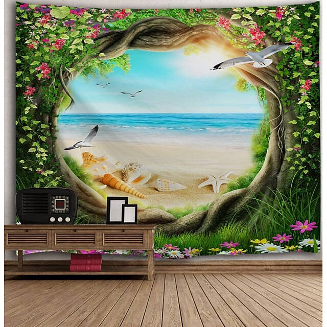  Ventana paisaje pared grande tapiz arte decoración manta cortina picnic mantel colgante hogar dormitorio sala de estar dormitorio decoración poliéster mar océano playa