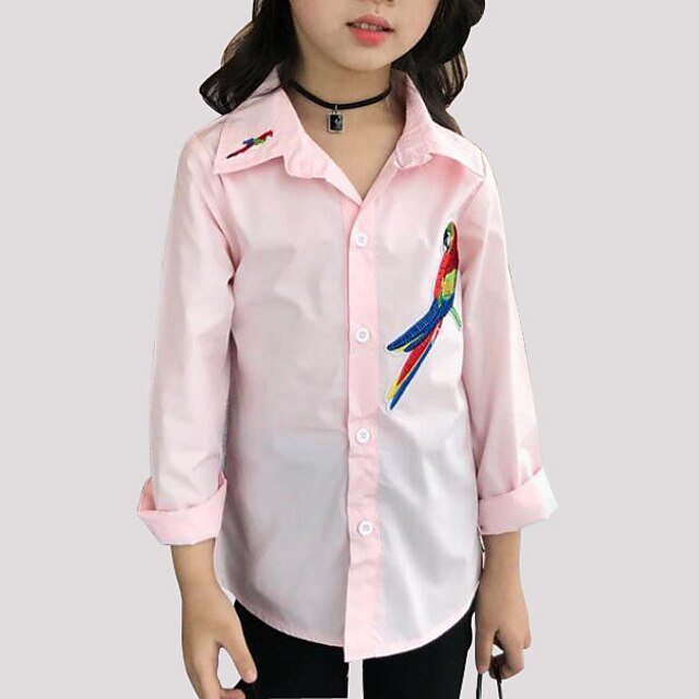  Infantil Para Meninas Camisa Manga Longa Bordado Branco Rosa Crianças Blusas Outono Primavera Desenho Diário Padrão