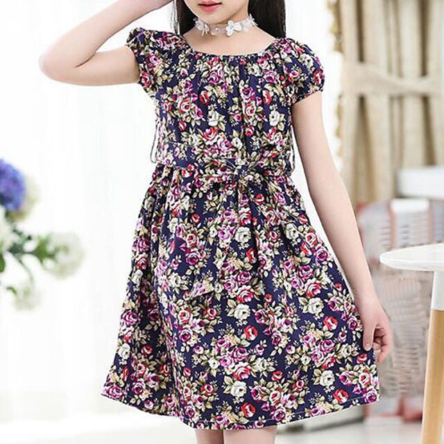  Girls' Short Sleeve Floral 3D Printed Graphic Dresses Floral Cotton Dress Summer