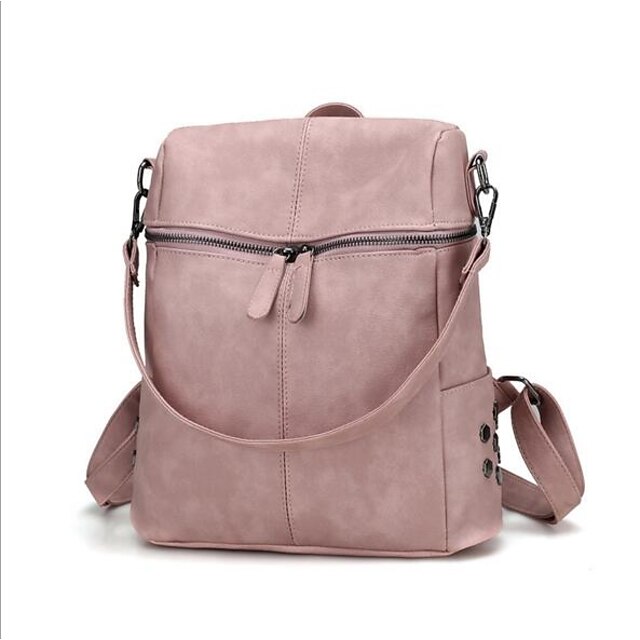  Women's PU School Bag Rucksack Commuter Backpack Large Capacity Zipper Daily Backpack Black Blushing Pink Beige Gray