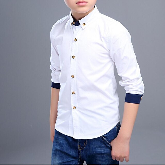  Kids Boys' Simple Patchwork Solid Colored Long Sleeve Shirt White