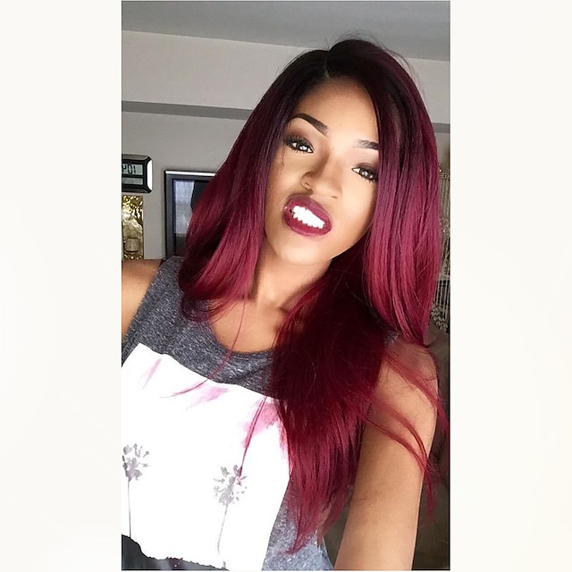  Unprocessed Human Hair Full Lace Wig Middle Part Rihanna style Brazilian Hair Straight Burgundy Wig 130% Density with Baby Hair Ombre Hair Dark Roots Women's Medium Length Human Hair Lace Wig Aili