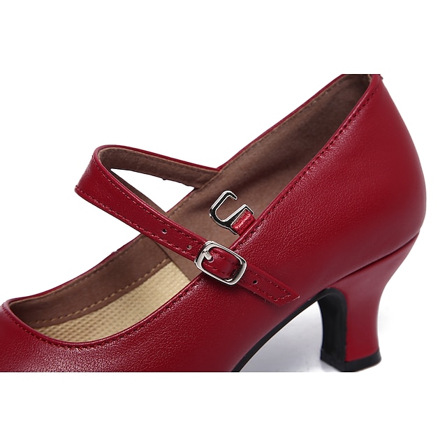 Women's Black Leather Mary Jane Dance Shoes with Adjustable Strap, Mid