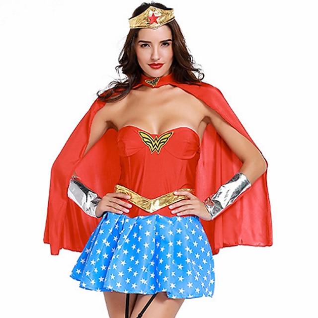  Women's Super Heroes Warrior Sex Cosplay Costume Party Costume Patchwork Dress Headpiece Corset / Lycra / Cloak / Belt / Belt / Cloak