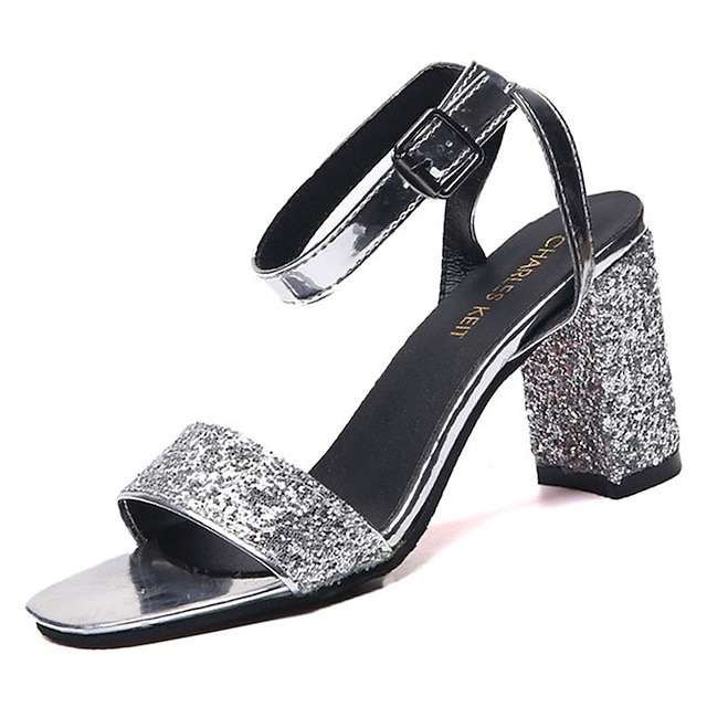  Women's Sandals Casual Solid Colored Summer Buckle Chunky Heel Round Toe Comfort Paillette Silver Black