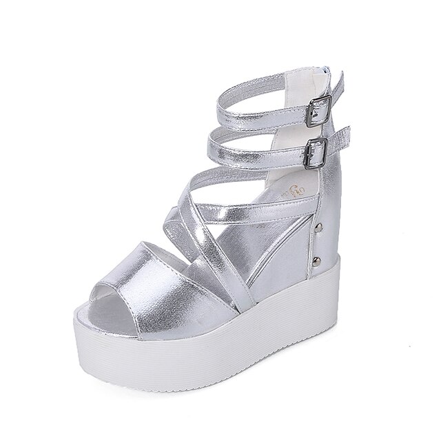  Women's Sandals Wedge Heel Peep Toe PU Gladiator Walking Shoes Summer Black / Silver / Color Block