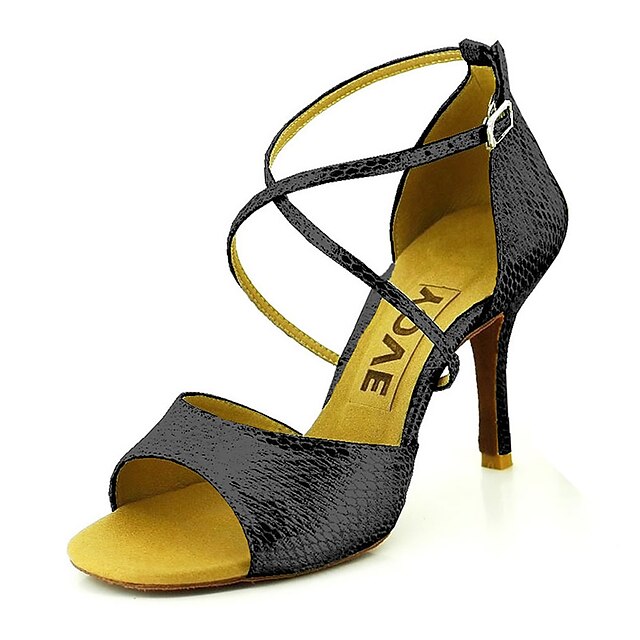  Women's Latin Shoes Salsa Shoes Performance Professional Sandal Heel Buckle Ribbon Tie Solid Color Customized Heel Buckle Golden Black Silver / Leather