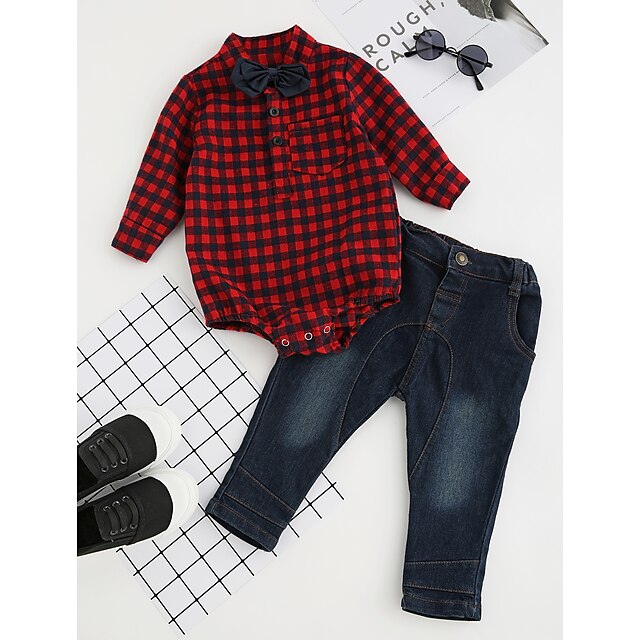  Bébé Para Meninos Conjunto Manga Longa Vermelho Xadrez Algodão Festa Diário Formal Laço Xadrez Roupas de Festa Padrão / Outono / Inverno / Primavera