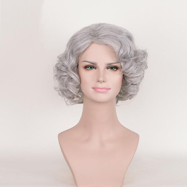  Echthaar Perücken mit Spitze Locken Asymmetrischer Haarschnitt Perücke Kurz Grau Synthetische Haare Damen Cosplay Grau