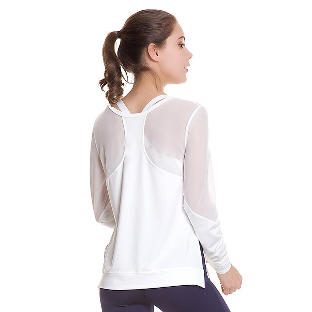  Mulheres Manga Longa T-shirt Yoga Blusas Com Transparência Secagem Rápida Respirabilidade Fitness Corrida Roupa de esporte Branco Preto Roupas Esportivas Com Stretch / Elastano