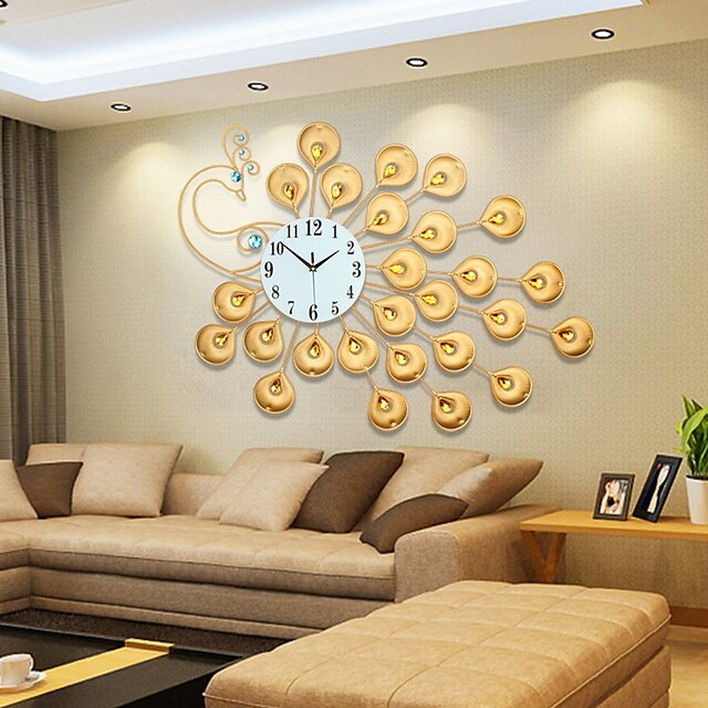  estilo moderno criativo dourado super grande pavão mudo relógio de parede