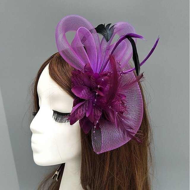  Feather / Net Fascinators / Hats / Headpiece with Feather / Floral / Flower 1pc Wedding / Special Occasion / Horse Race Headpiece