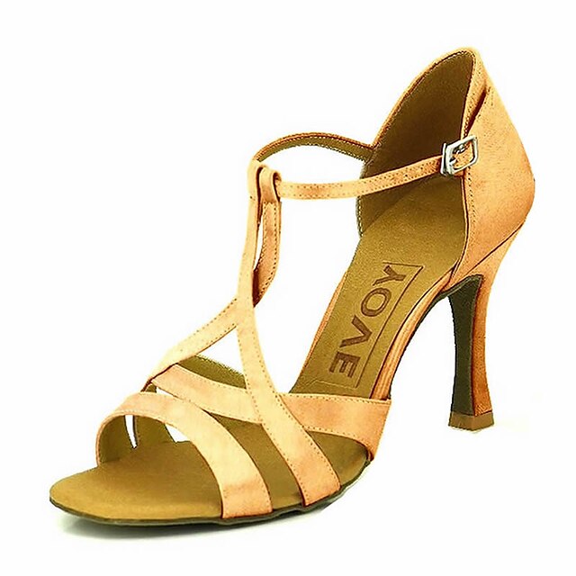  Mulheres Sapatos de Dança Latina Dança de Salão Salto Cor Única Salto Personalizado Fivela Amêndoa Transparente Bronze / Cetim / Couro
