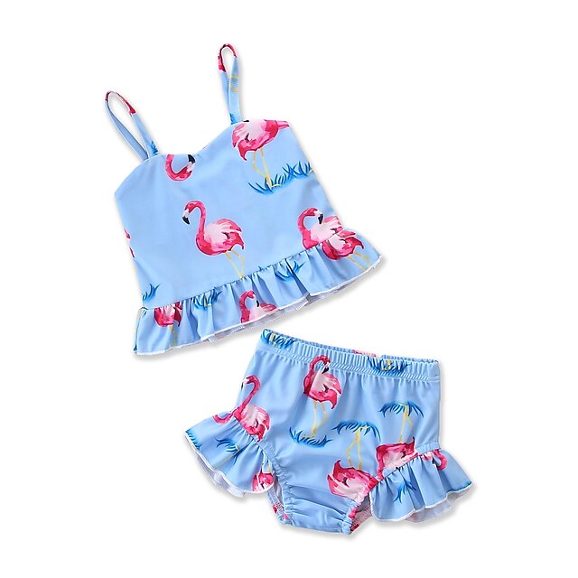  Infantil Bébé Recém-Nascido Para Meninas Activo Para Noite Praia Flamingos Estampado Estampado Sem Manga Roupa de Banho Azul Claro