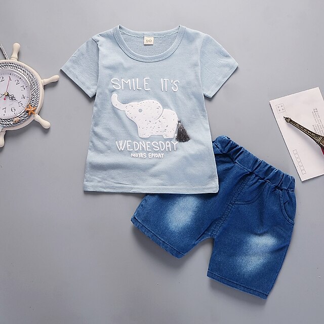  Toddler Boys' Active Basic Daily Going out Cat Print Print Short Sleeve Regular Clothing Set Blue