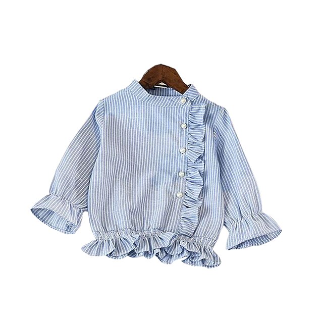  Bébé Para Meninas Camisa Manga Longa Azul e Branco Listrado Azul Crianças Blusas Outono Activo Moda de Rua Escola Diário Padrão