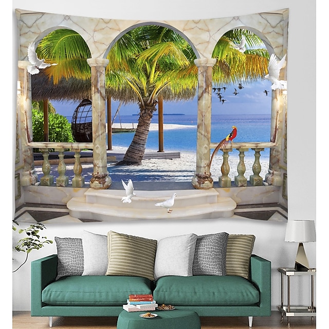  ikkuna maisema seinä kuvakudos taide sisustus huopa verho piknik-pöytäliina roikkuu kodin makuuhuone olohuone asuntolan sisustus polyesteri meri valtameri ranta palmu eläin
