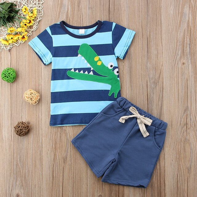  Boys 3D Striped Print Solid Colored Clothing Set Short Sleeve Summer Spring Basic Polyester Nylon Toddler Daily Sports