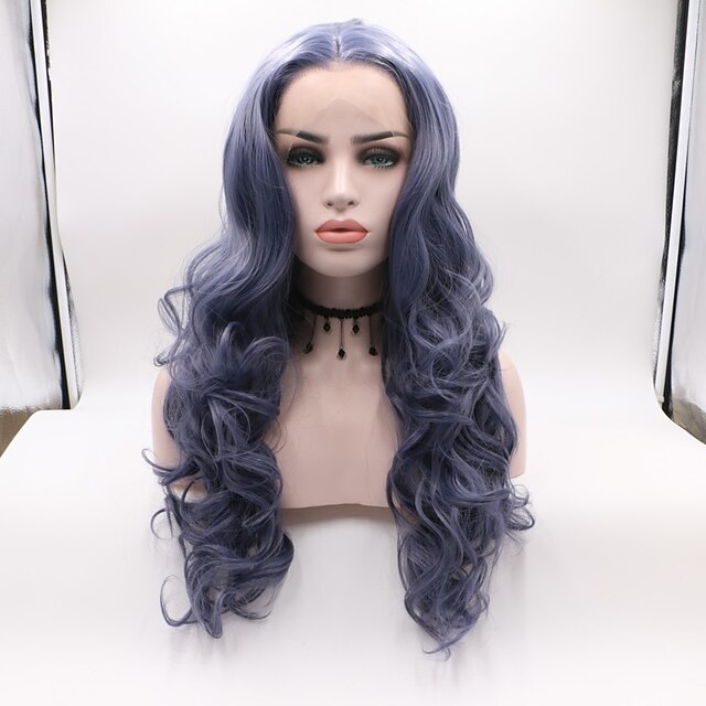  Synthetic Lace Front Wig Wavy Layered Haircut Lace Front Wig Medium Length Lake Blue Synthetic Hair Women's Curler & straightener Gray