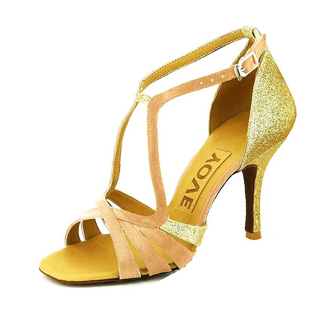  Women's Latin Shoes Ballroom Shoes Salsa Shoes Sandal Buckle Ribbon Tie Customized Heel Almond Nude Black Buckle / Satin