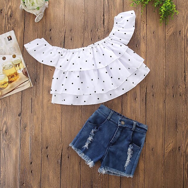  Girls' 3D Polka Dot Clothing Set Short Sleeve Summer Active Basic Polyester Toddler Daily Holiday Regular Fit Loose Fit