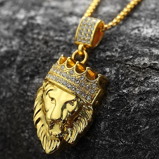  1pc Pendant Necklace For Men's Cubic Zirconia Party Gift Casual 18K Gold Plated Yellow Gold Imitation Diamond Engraved franco chain Lion King Crown Gold