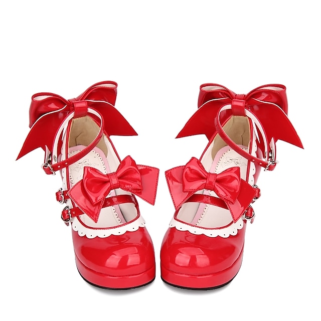  Mujer Zapatos Princesa Tacón Cuadrado Zapatos Encaje de costura Lazo 6.5 cm Rojo PU Traje de Halloween
