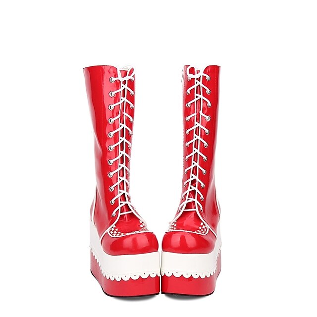  Mulheres Sapatos Botas Princesa Salto Plataforma Sapatos Cordão Bordado 10 cm Vermelho PU Trajes de Halloween