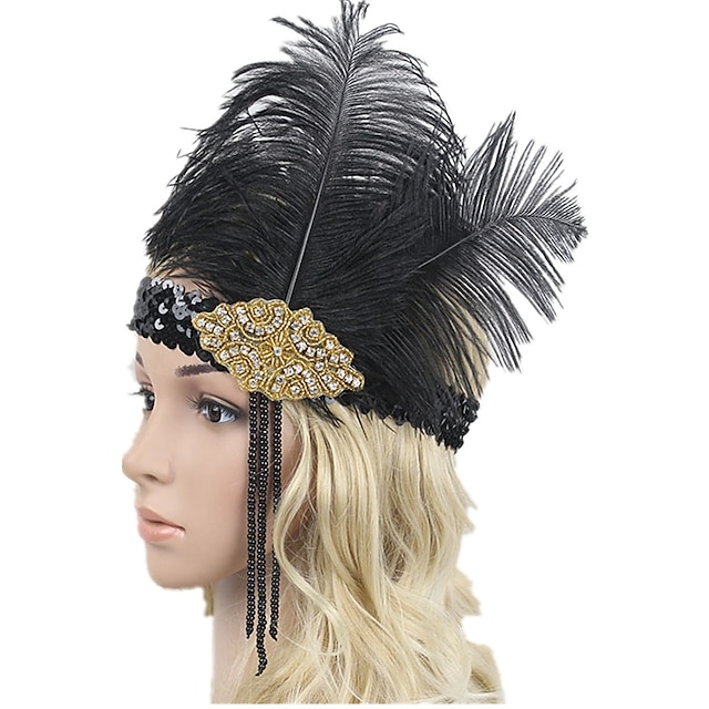  The Great Gatsby Charleston Vintage 1920s Flapper Headband Women's Feather Costume Head Jewelry Black+Golden Vintage Cosplay Party Prom Sleeveless