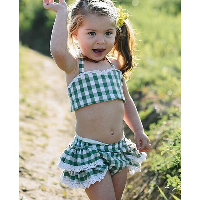  Μωρό Κοριτσίστικα Βασικό Καθημερινά Καρό Αμάνικο Κοντό Σετ Ρούχων Πράσινο του τριφυλλιού / Νήπιο