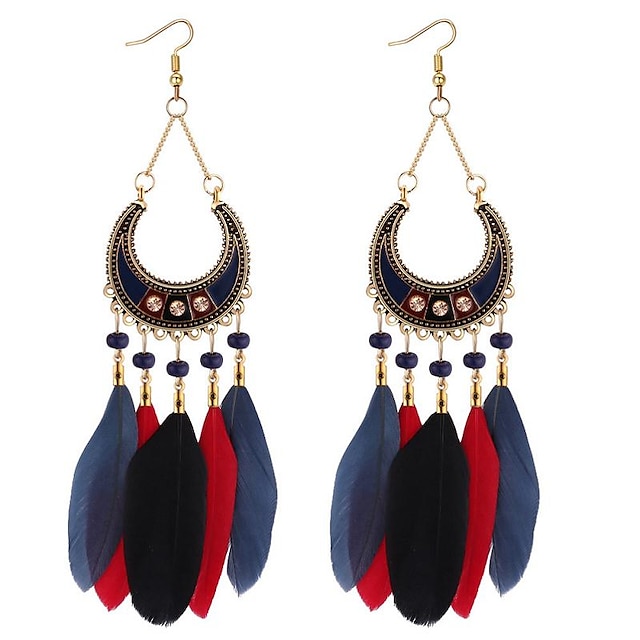  Women's Drop Earrings Long Feather Ladies Vintage Ethnic Fashion Native American Rhinestone Feather Earrings Jewelry Rainbow / Red / Blue For Party / Evening Going out 1 Pair