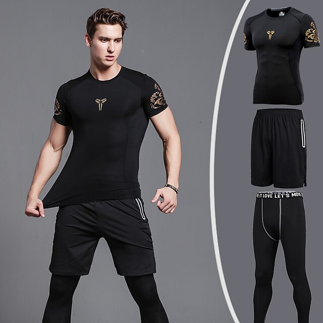  Men's Adults Patchwork Workout Outfits Running T-Shirt With Shorts Compression Suit Athletic 4 Way Stretch Breathable Quick Dry Gym Workout Sportswear Plus Size Tracksuit Compression Clothing