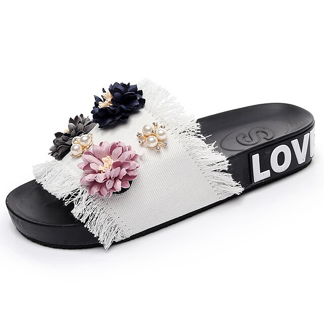  Women's Slippers & Flip-Flops Home Daily Floral Summer Pearl Satin Flower Flat Heel Open Toe Comfort Denim Black White Pink