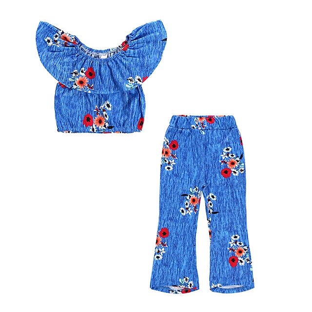  Copii Fete Activ Boho Zilnic Concediu Dungi Floral Bufantă Imprimeu Manșon scurt Scurt Set Îmbrăcăminte Albastru piscină