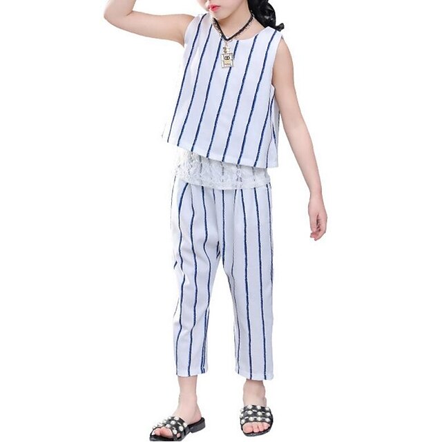  Kids Girls' Active / Street chic Going out Striped Pleated / Print Short Sleeve Cotton Clothing Set