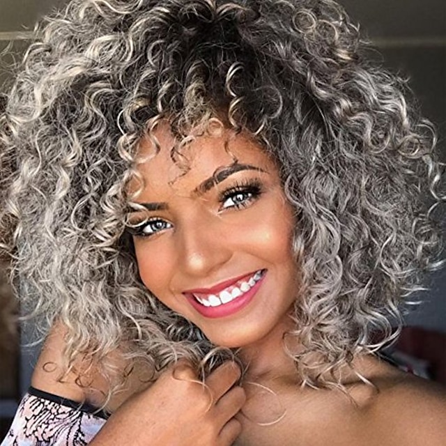  Gray Wigs for Women Synthetic Wig Curly Bob Pixie Cut Wig Medium Length Grey Synthetic Hair Women's Party Synthetic Ombre Hair Gray Ombre / African American Wig