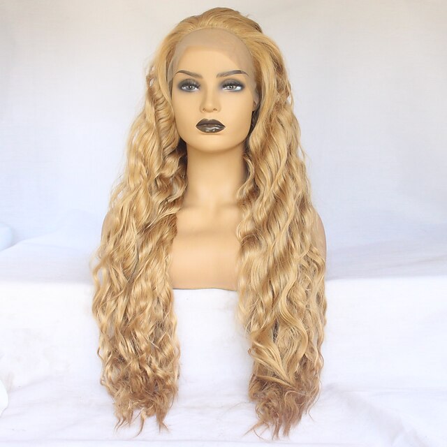  Perruque Lace Front Synthétique Ondulé Minaj Partie médiane Lace Frontale Perruque Blond Long Blond de fraise Cheveux Synthétiques Femme Résistant à la chaleur Élastique Homme Blond