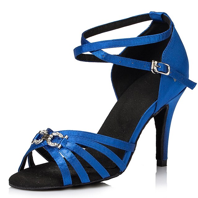  Women's Latin Shoes Heel Crystals Slim High Heel Blue Cross Strap Satin / Performance