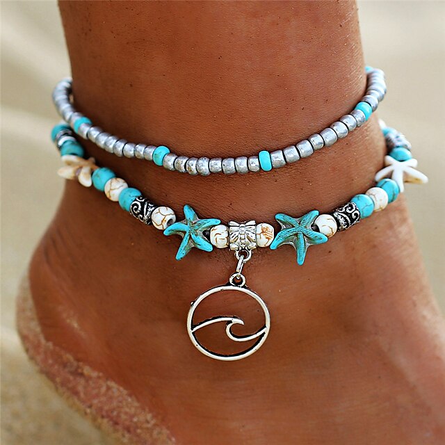  Anklet feet jewelry Ladies Boho Bohemian Women's Body Jewelry For Holiday Bikini Layered Turquoise Alloy Flower Starfish Turquoise 1pc