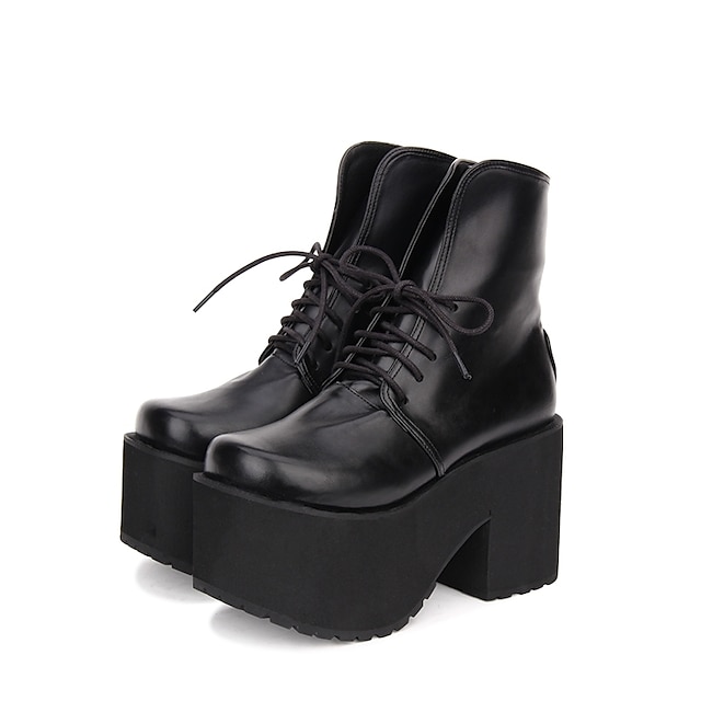  Mujer Zapatos Botas Gosurori Lolita Punk Media plataforma Zapatos Un Color 10 cm Negro PU Traje de Halloween