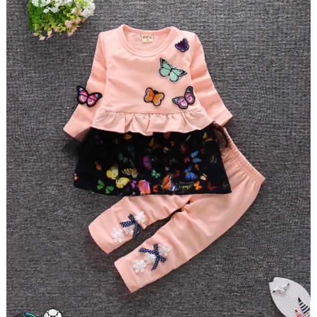 Baby Mädchen Freizeit Alltag Solide Langarm Standard Baumwolle Kleidungs Set Rosa