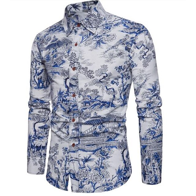  Men's Shirt Color Block Plus Size Shirt Collar Daily Long Sleeve Tops Blue